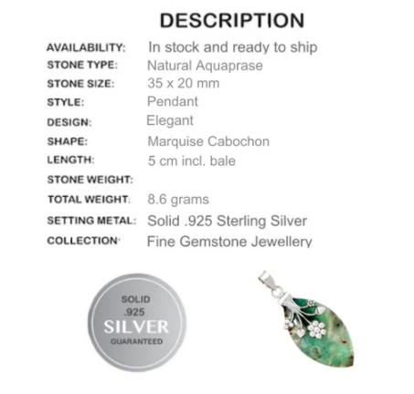 Natural Aquaprase Gemstone Solid .925 Sterling Silver Pendant - BELLADONNA