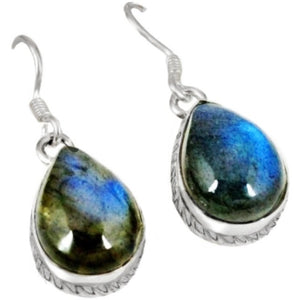 Natural Blue Fire Labradorite Pear Shape Solid .925 Silver Earrings - BELLADONNA