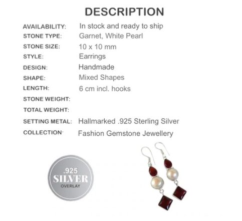Handmade Garnet, White Pearl Gemstone .925 Silver Earrings - BELLADONNA