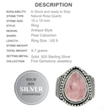 Natural Rose Quartz Gemstone Solid.925 Sterling Silver Ring Size 9 - BELLADONNA