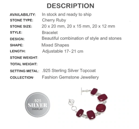 Indian Cherry Red Ruby Gemstone .925 Silver Plated Bracelet - BELLADONNA