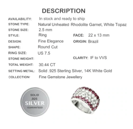 Natural Rhodolite Garnet Diamond Cut White Topaz Solid .925 Silver Ring Size US 7.5 - BELLADONNA