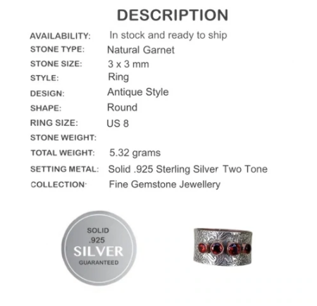 Captivating Two Tone Natural Garnet, Solid .925 Sterling Silver Ring Size US 8 - BELLADONNA