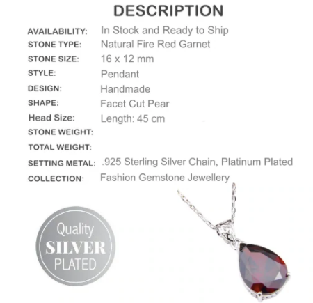 Handmade Facet Cut Fire Garnet Pear Gemstone Silver Plated Necklace & .925 Sterling Silver Chain - BELLADONNA