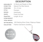 Handmade Facet Cut Fire Garnet Pear Gemstone Silver Plated Necklace & .925 Sterling Silver Chain - BELLADONNA