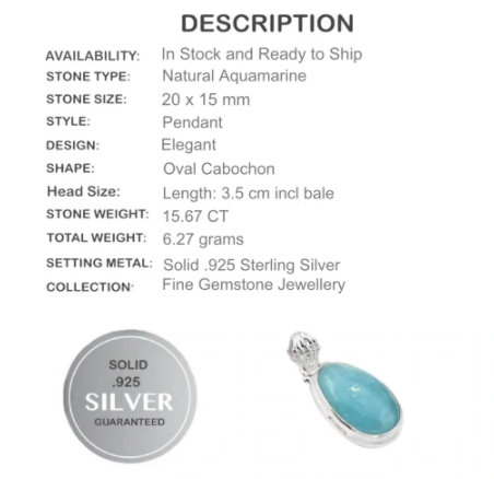 15.67 cts Handmade Natural Aquamarine Gemstone Solid .925 Sterling Silver Pendant - BELLADONNA