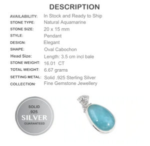 16.01 ct Handmade Natural Aquamarine Solid 925 Sterling Silver Pendant - BELLADONNA