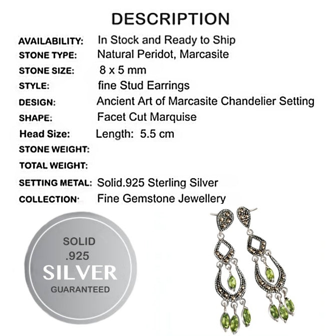 Natural Unheated Peridot, Swiss Marcasite Solid .925 Sterling Silver Stud Earrings - BELLADONNA