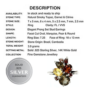 Natural Smoky Topaz, Garnet, Citrine Solid .925 Sterling Silver 14K White Gold Ring Size 7.25 - BELLADONNA
