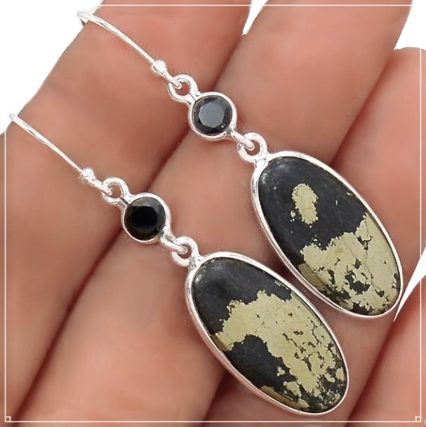 Peruvian Natural Golden Pyrite in Magnetite, Black Onyx set in Solid .925 Sterling Silver Earrings - BELLADONNA