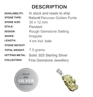 Peruvian Natural Golden Pyrite Solid .925 Sterling Silver Pendant - BELLADONNA