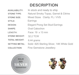 Natural  Smoky Topaz, Garnet, Citrine Solid .925 Sterling Silver Earrings - BELLADONNA