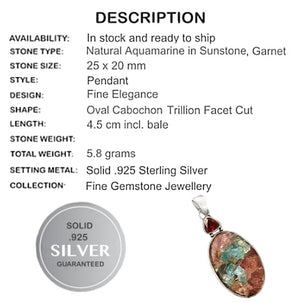 Natural Aquamarine in Sunstone, Garnet set in Solid .925 Sterling Silver Pendant - BELLADONNA