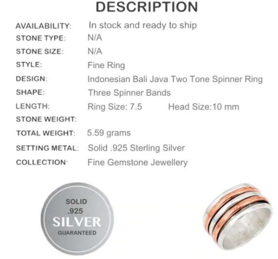 Indonesian Bali Java Island Two Tone Spinner Solid .925 Sterling Silver Ring Size 7.5 - BELLADONNA