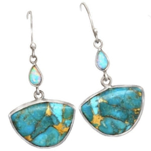 Natural Copper Turquoise, Fire Opal Gemstone .925 Sterling Silver Earrings - BELLADONNA