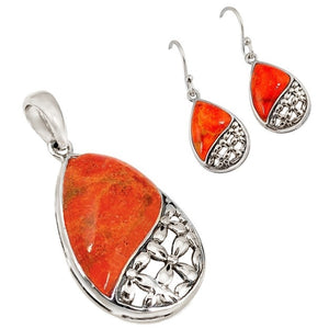 Natural Arizona Red Copper Turquoise Earrings and Pendant Set Solid .925 Sterling Silver - BELLADONNA