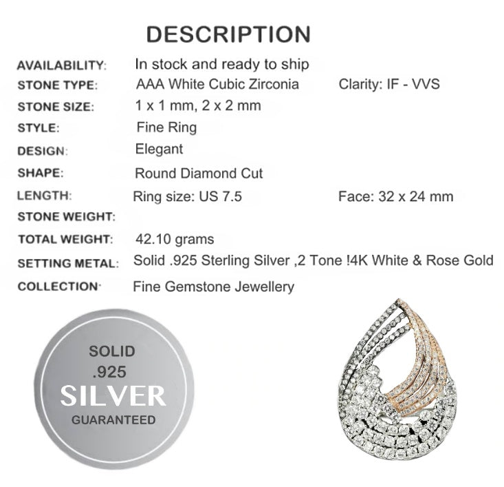 42.10 cts Feature Piece Three Tone White Cubic Zirconia Gemstone Solid .925 Silver Ring Size 7.5 - BELLADONNA