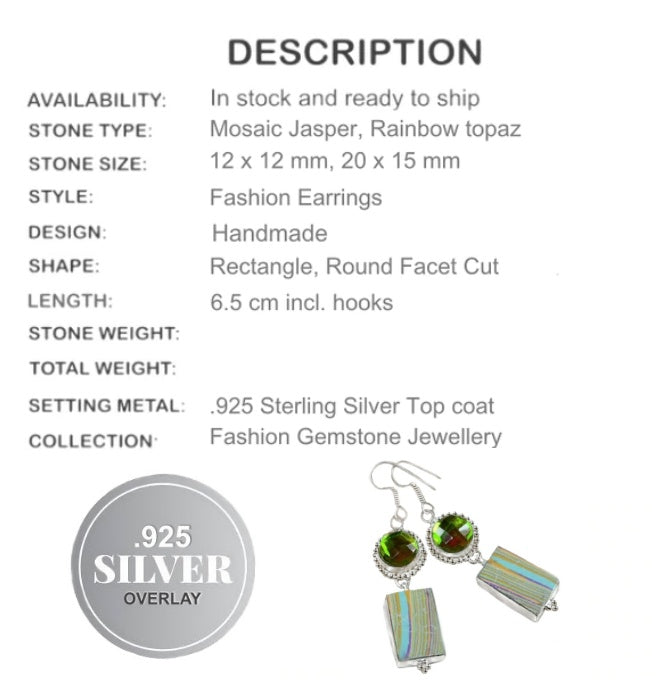 Green Flash Rainbow Topaz, Mosaic Jasper Gemstone .925 Silver Earrings - BELLADONNA
