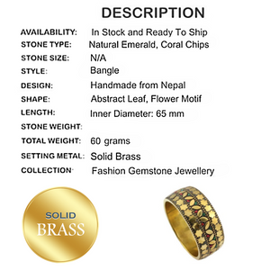 Nepali Natural Emerald, Coral Gemstone Solid Brass Bangle - BELLADONNA
