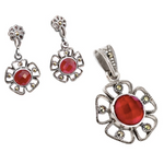 Natural Royal Ruby Marcasite Solid .925 Sterling Silver Pendant and Earrings Set - BELLADONNA