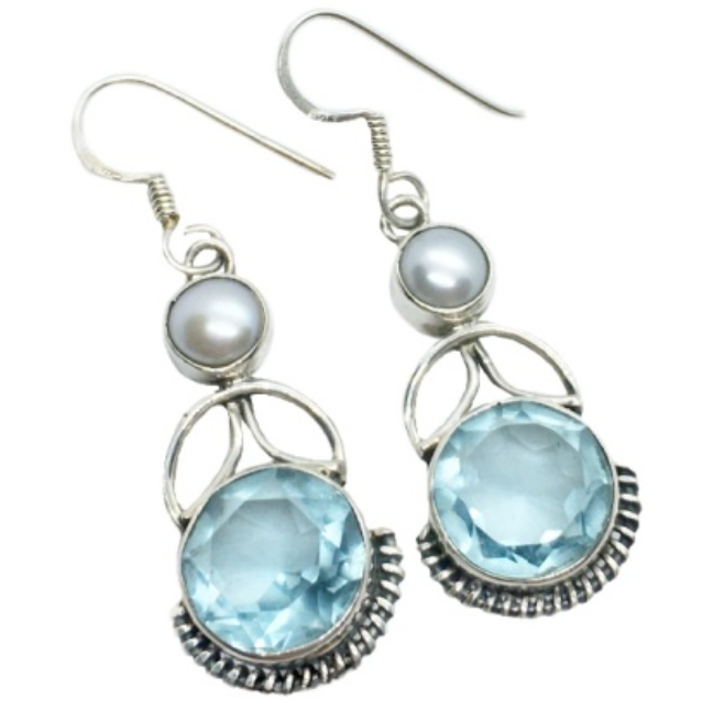 Natural Aquamarine, White Pearl Gemstone Solid .925 Sterling Silver Earrings - BELLADONNA