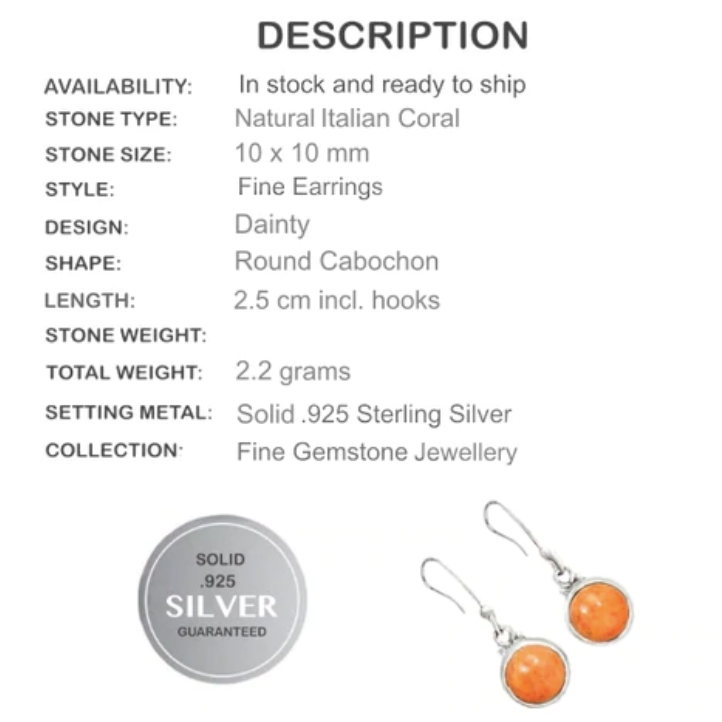 Dainty Natural Italian Coral Solid .925 Sterling Silver Earrings - BELLADONNA