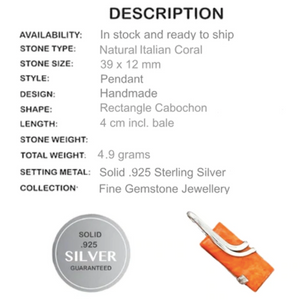 Natural Italian Coral Solid .925 Sterling Silver Pendant - BELLADONNA