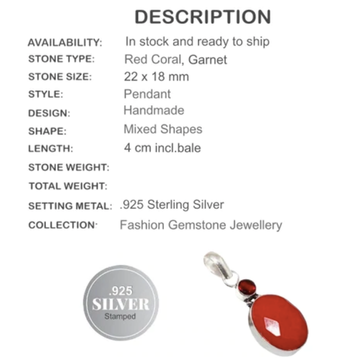 Oval Red Coral, Garnet Gemstone .925 Silver Pendant - BELLADONNA