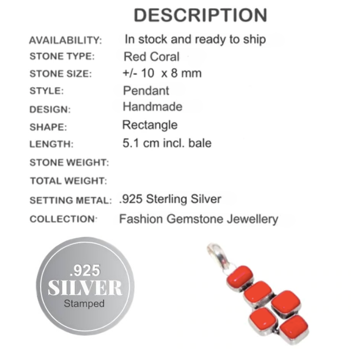 Handmade Geometric Vibrant Red Coral Gemstone .925 Silver Pendant - BELLADONNA