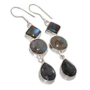 Natural Blue Fire Labradorite Mixed Gemstone Shapes and Black Spinel  925 Sterling Silver Earrings - BELLADONNA