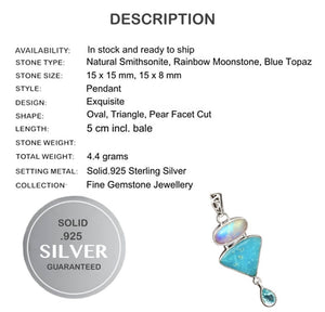 Natural Smithsonite, Moonstone, Blue Topaz Solid .925 Sterling Silver Pendant - BELLADONNA
