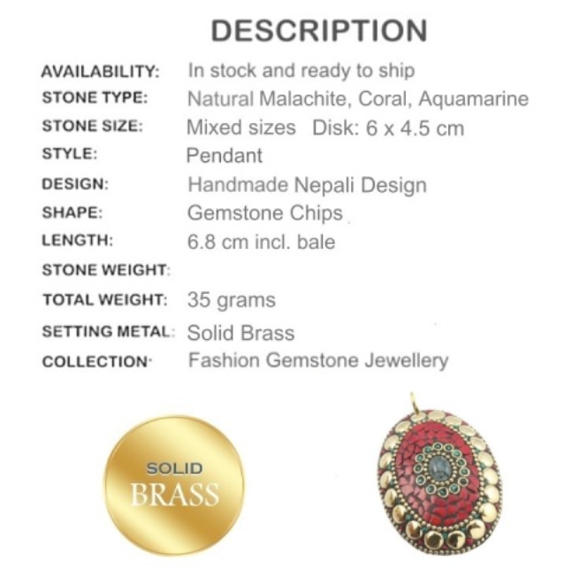 Nepali Natural Aquamarine, Malachite, Coral Gemstone Solid Brass Pendant - BELLADONNA