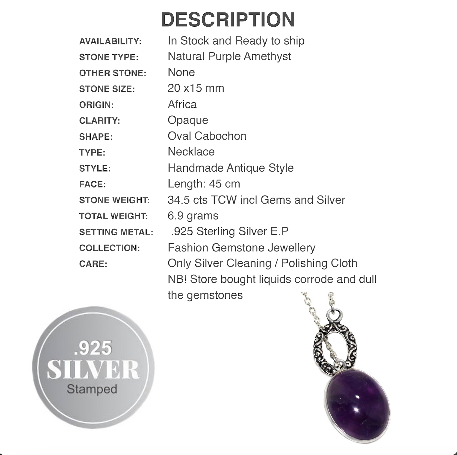 Oval Purple Amethyst Gemstone .925 Sterling Silver Necklace - BELLADONNA