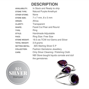 Purple Amethyst .925 Silver Ring Free Size Adjustable - BELLADONNA
