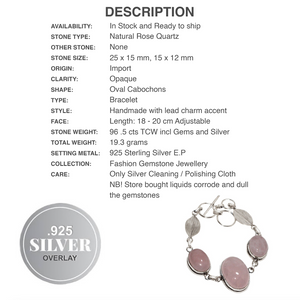 Natural Rose Quartz Gemstone with Leaf Charm .925 Sterling Silver Bracelet - BELLADONNA