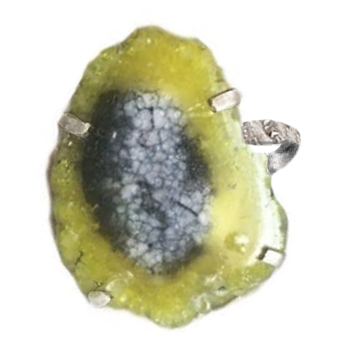 Natural Olive Green Geode Slice Gemstone .925 Sterling Silver Ring Size US 8 or Q - BELLADONNA