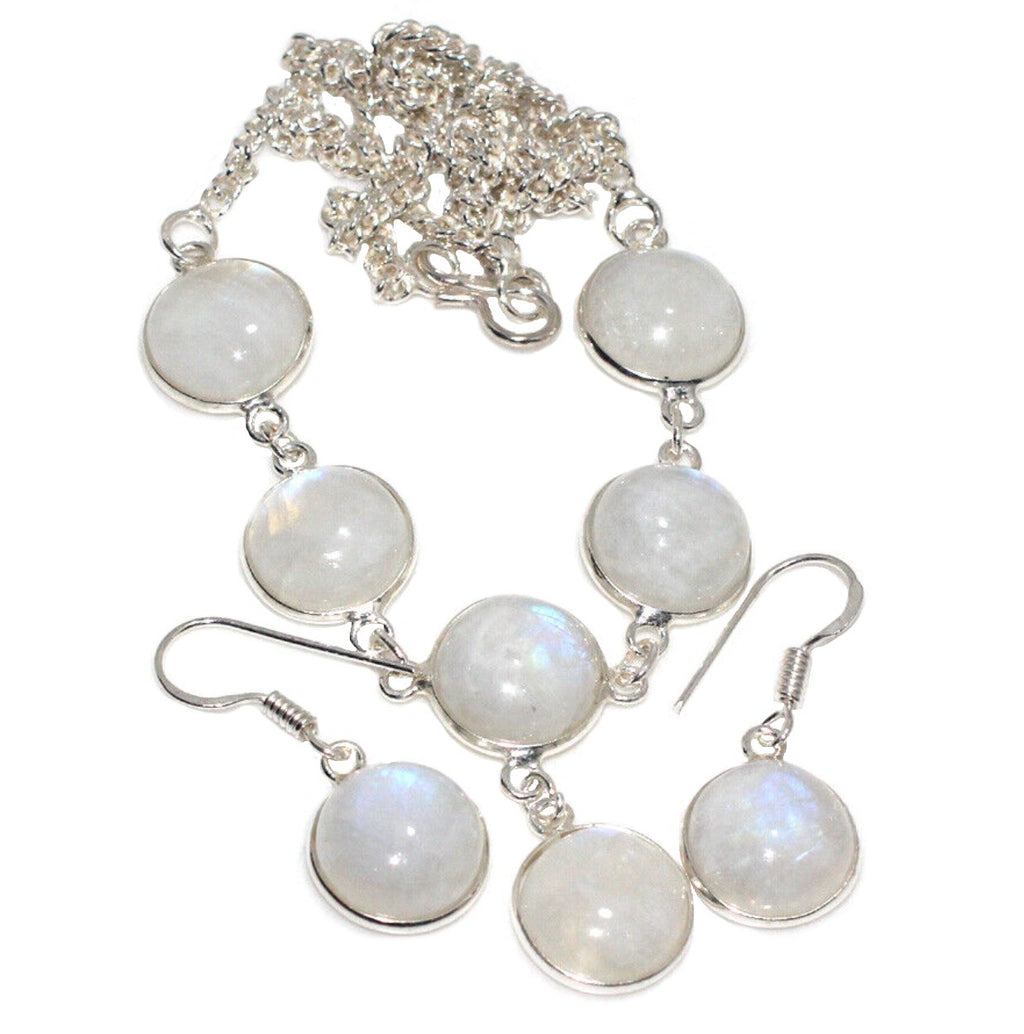 Natural Round Rainbow Moonstone.925 Silver Necklace and Earrings Set - BELLADONNA