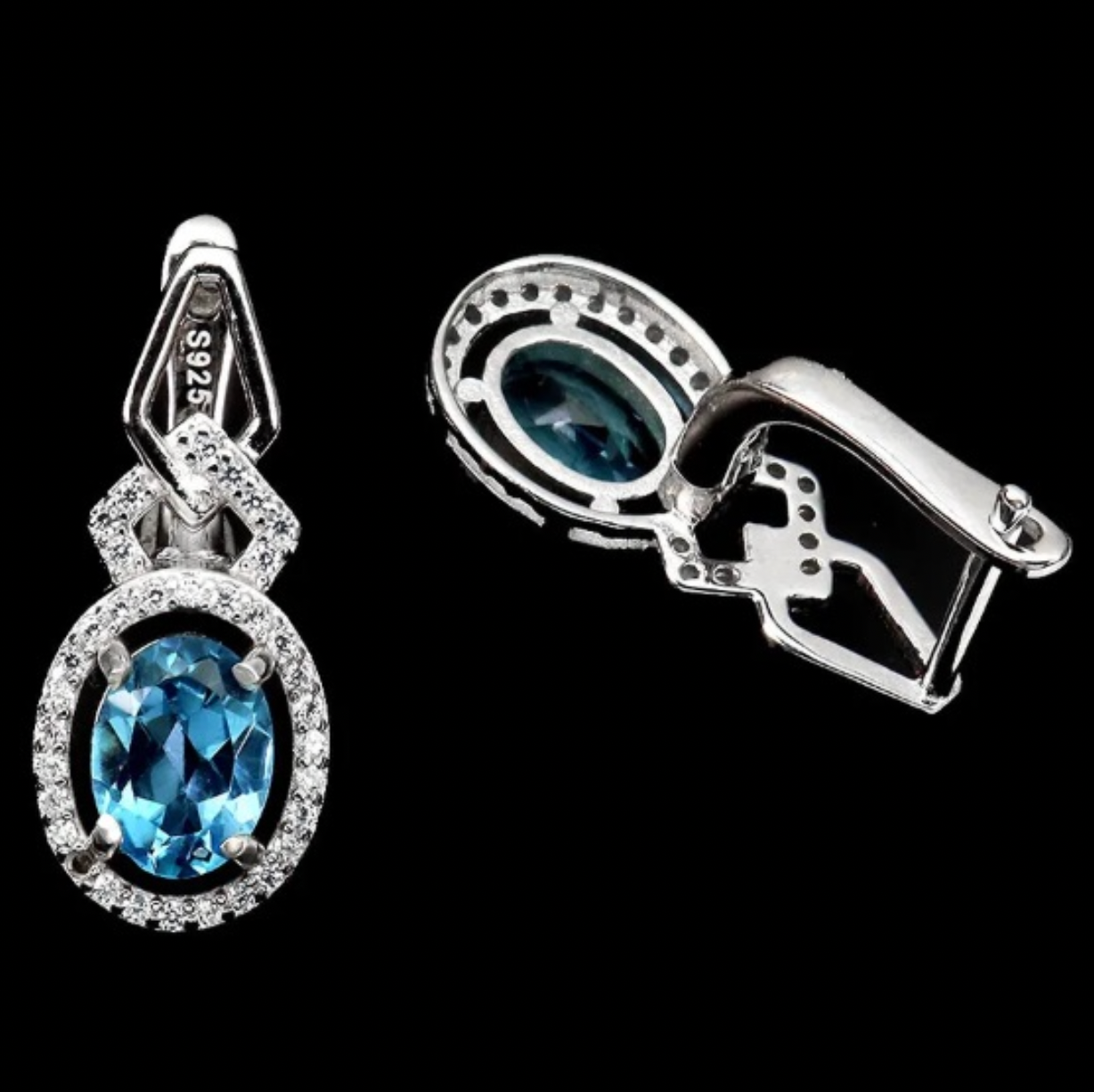 Natural Swiss Blue Topaz White Cubic Zirconia Solid .925 Sterling Silver 14K White Gold Earrings - BELLADONNA