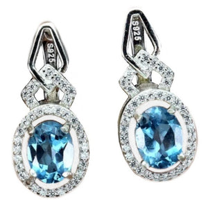 Natural Swiss Blue Topaz White Cubic Zirconia Solid .925 Sterling Silver 14K White Gold Earrings - BELLADONNA