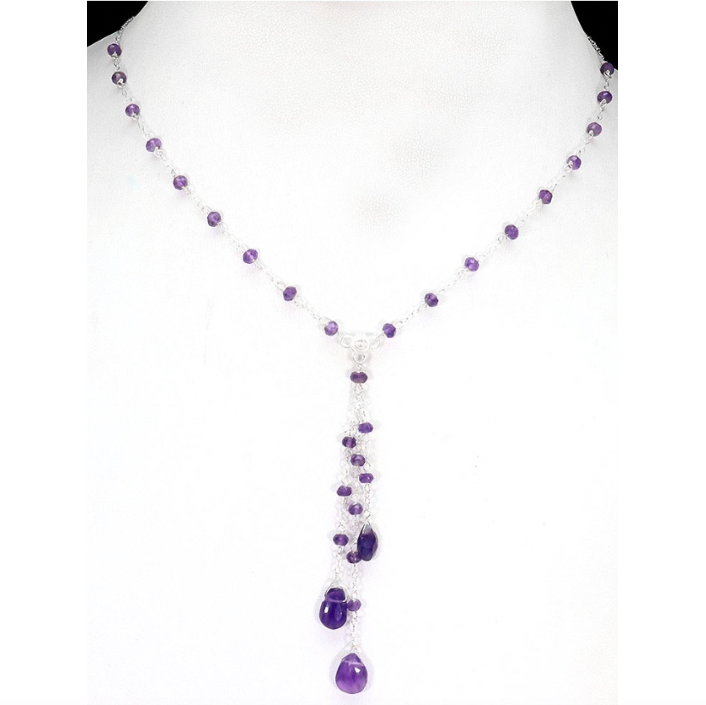 Handmade Natural Purple Amethyst Briolette Gemstone Solid .925 Silver 14K White Gold Necklace - BELLADONNA