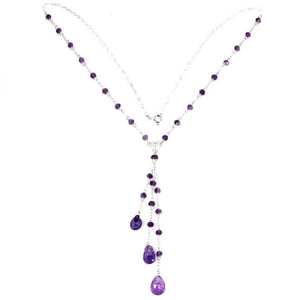 Handmade Natural Purple Amethyst Briolette Gemstone Solid .925 Silver 14K White Gold Necklace - BELLADONNA