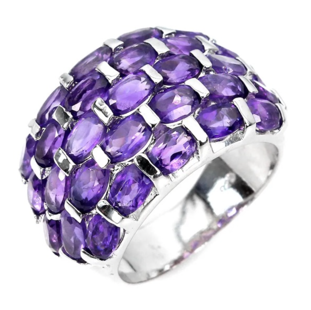 Natural Unheated Purple Amethyst, White Cz Solid .925 Silver 14K white Gold Ring 7.5 or P - BELLADONNA