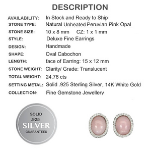 Earth Mined Peruvian Pink Opal, Diamond Cut White Zirconia Solid .925 Silver 14K White Gold Earrings - BELLADONNA