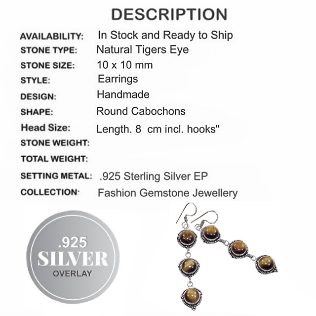 Natural Tigers Eye .925  Sterling Silver Long Earrings - BELLADONNA