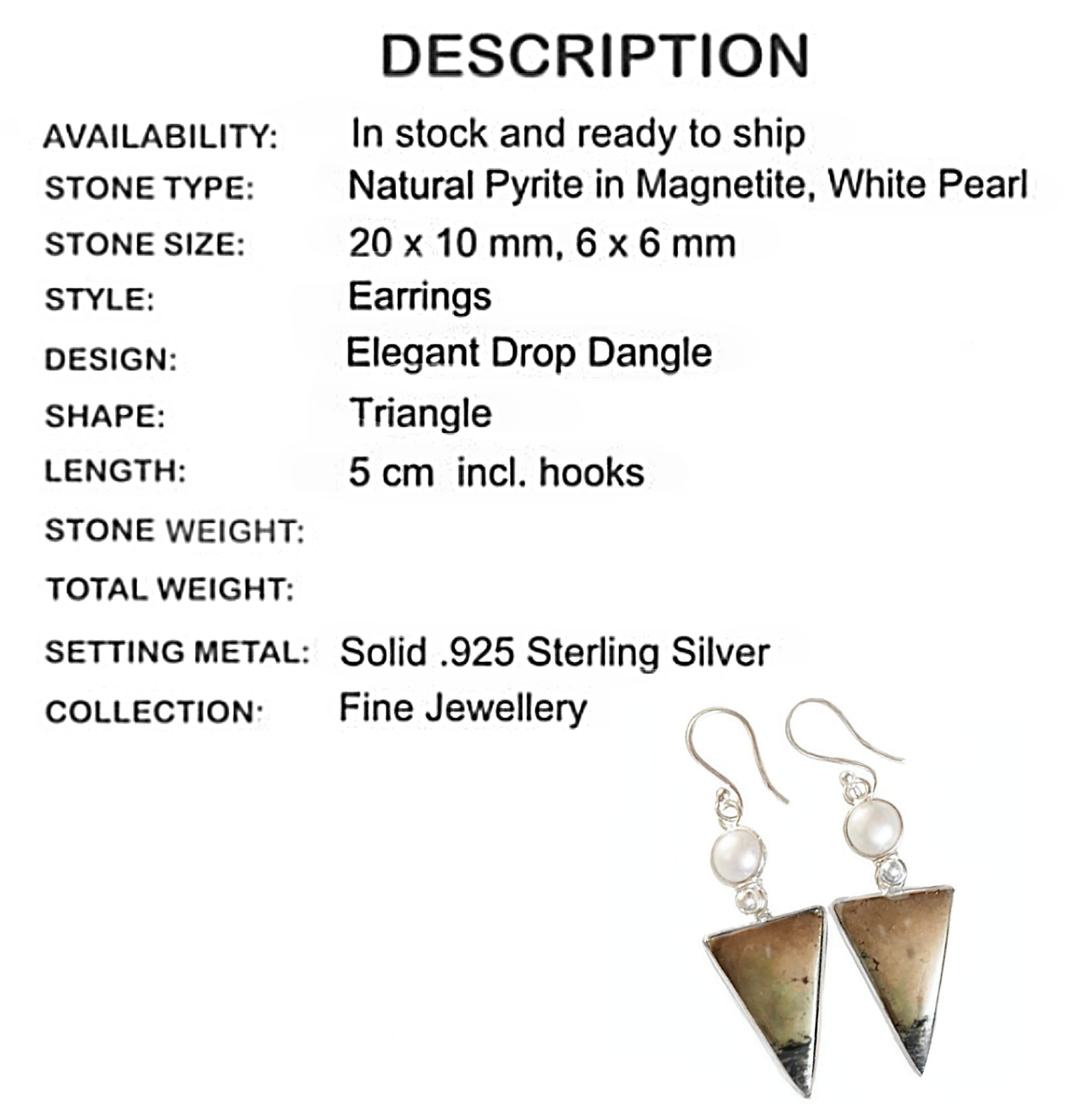 Peruvian Natural Golden Pyrite in Magnetite, White Pearl set in Solid .925 Sterling Silver Earrings - BELLADONNA
