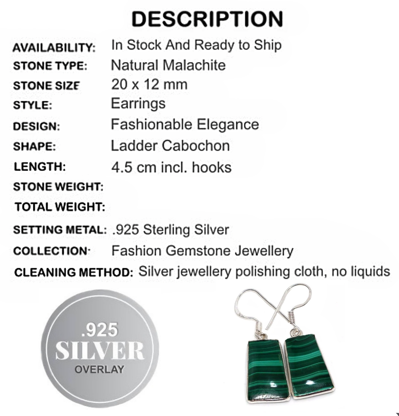 Natural Malachite Gemstone . 925 Sterling Silver Earrings - BELLADONNA