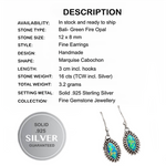 Indonesian-Bali Marquise Shape Green Fire Opal Gemstone Solid .925 Sterling Silver Earrings - BELLADONNA