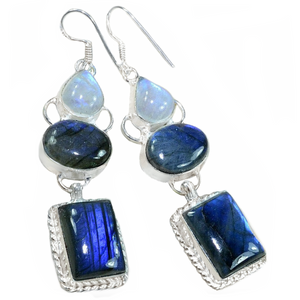 Natural Blue Fire Labradorite, Rainbow Moonstone . 925 Sterling Silver Earrings - BELLADONNA