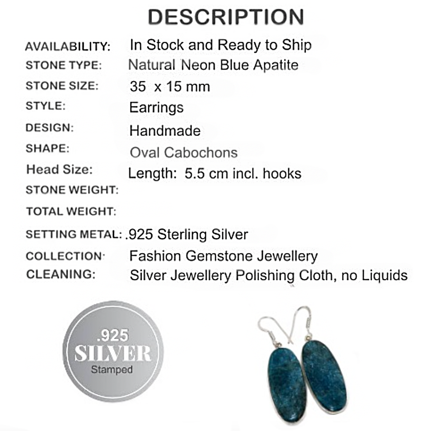 Natural Neon Blue Apatite Gemstone .925 Silver Earrings - BELLADONNA