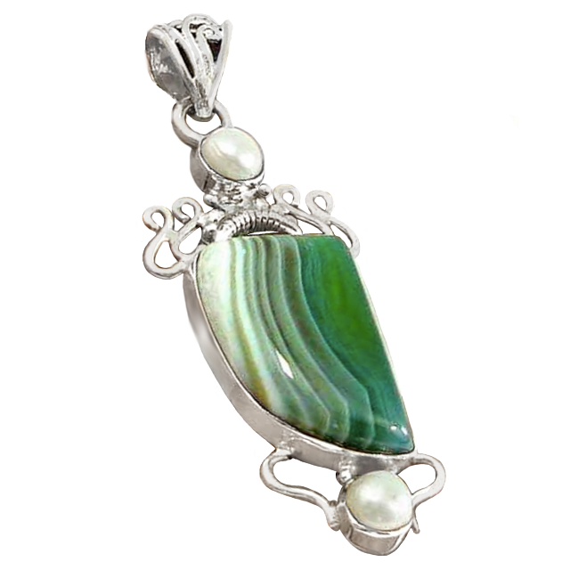 Natural Green Botswana Lace Agate, Pearl Gemstone Solid .925 Silver Pendant - BELLADONNA